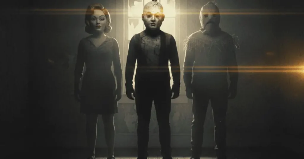 The Strangers: Chapter 3 – Three iconic masked killers Dollface, Pin-Up Girl, and Man in the Mask emerging from shadows